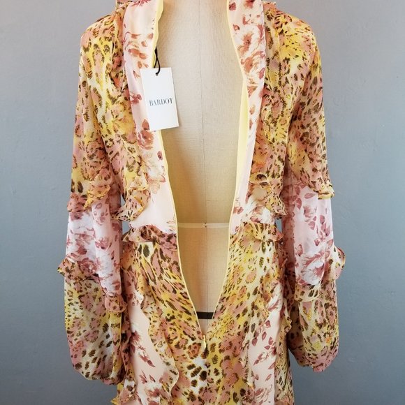 Bardot Blush & Yellow Print Frill Ruffle A Line Maxi Dress Size Medium NEW - Picture 9 of 11